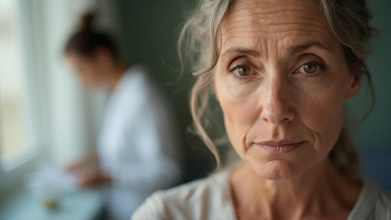 Gros plan sur le visage d'une femme âgée aux cheveux gris, avec un regard mélancolique et réfléchi