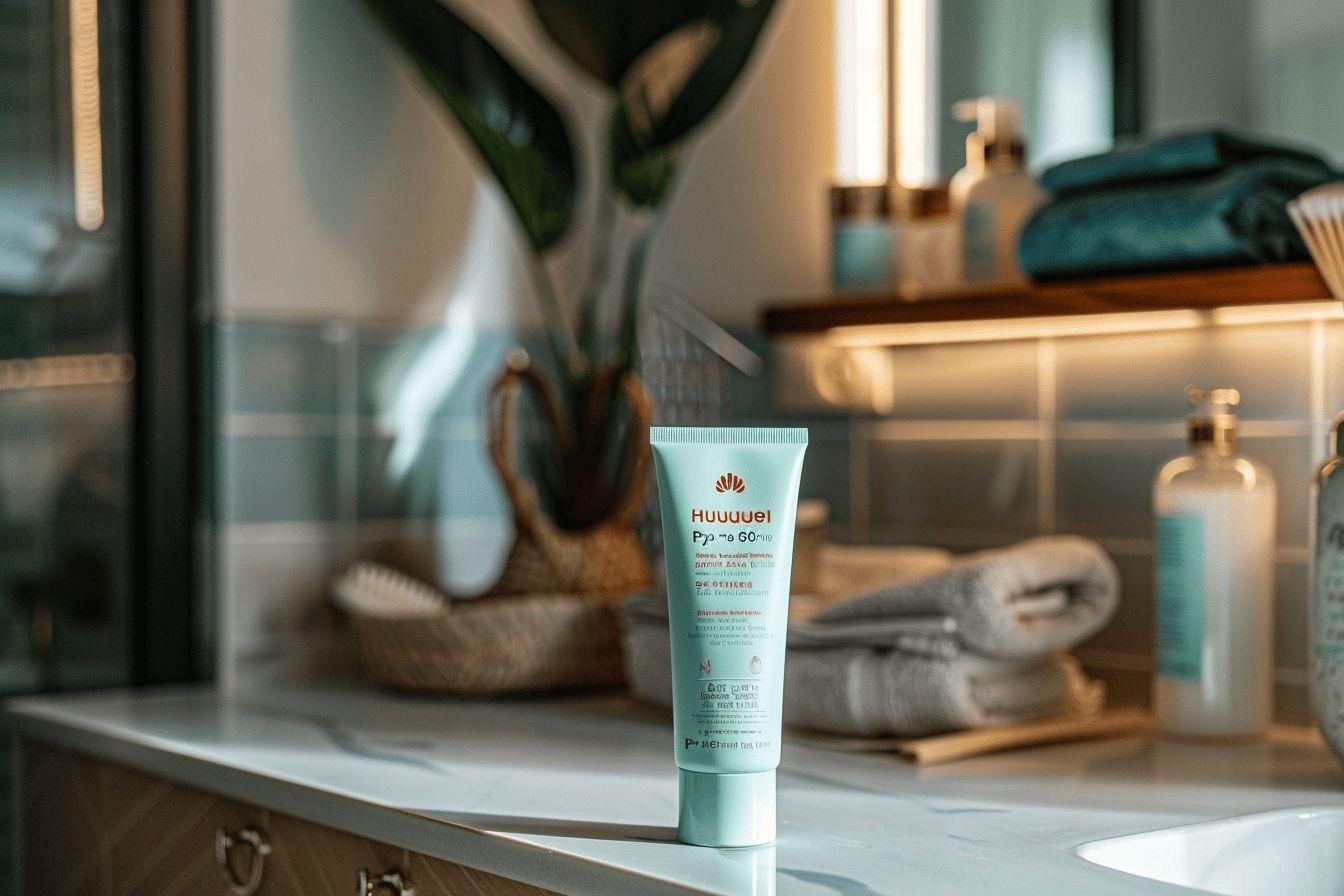 Gros plan sur un tube de crème pour le visage sur une étagère de salle de bain