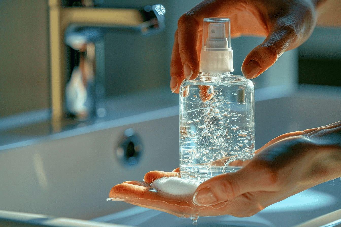 Gros plan sur des mains utilisant un flacon de gel désinfectant