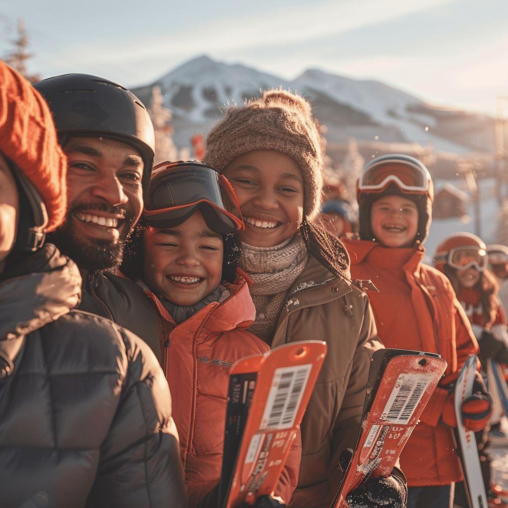 Une famille de 4 personnes souriantes en tenue d'hiver sur une pente enneigée