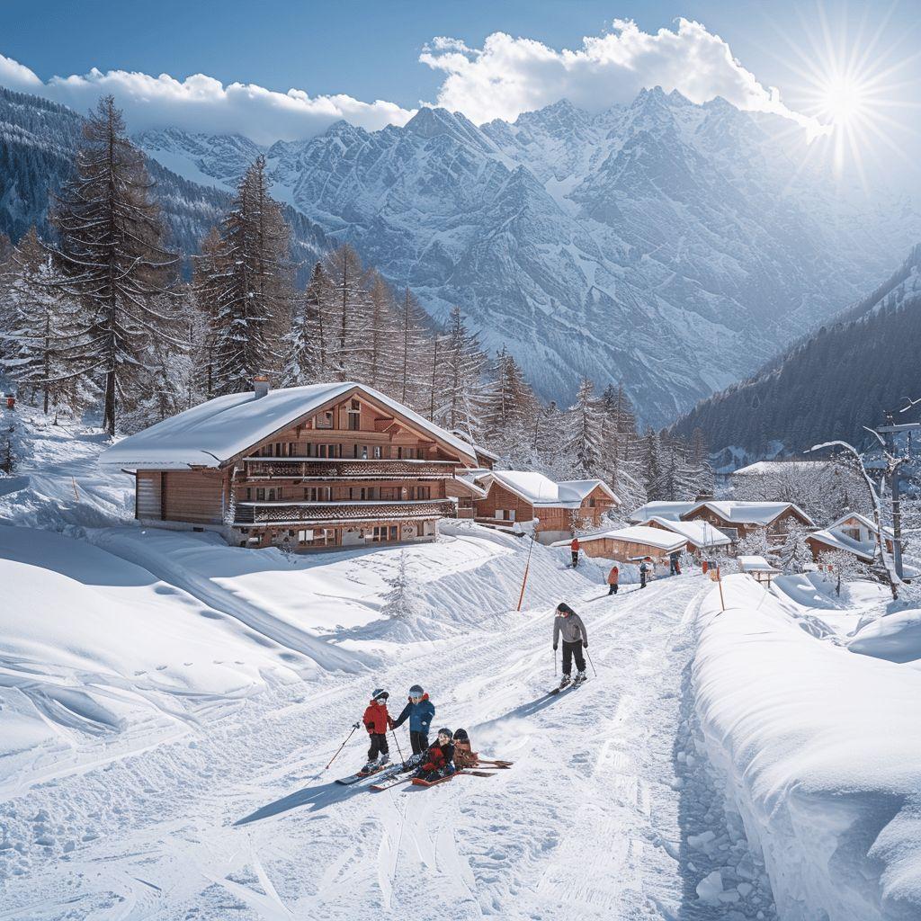 Vue panoramique d'un village de montagne sous la neige avec des skieurs