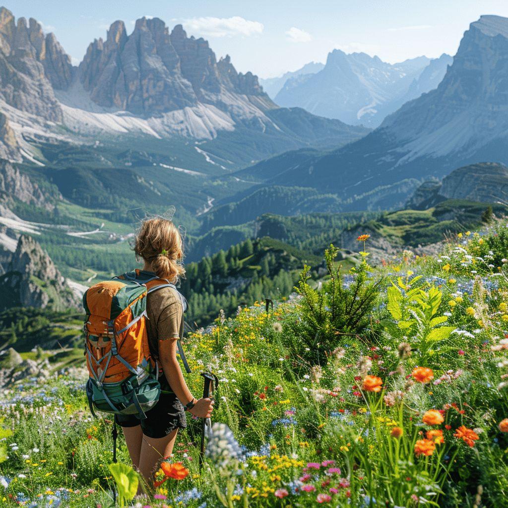 Randonneur contemplant le paysage montagneux dans les Dolomites