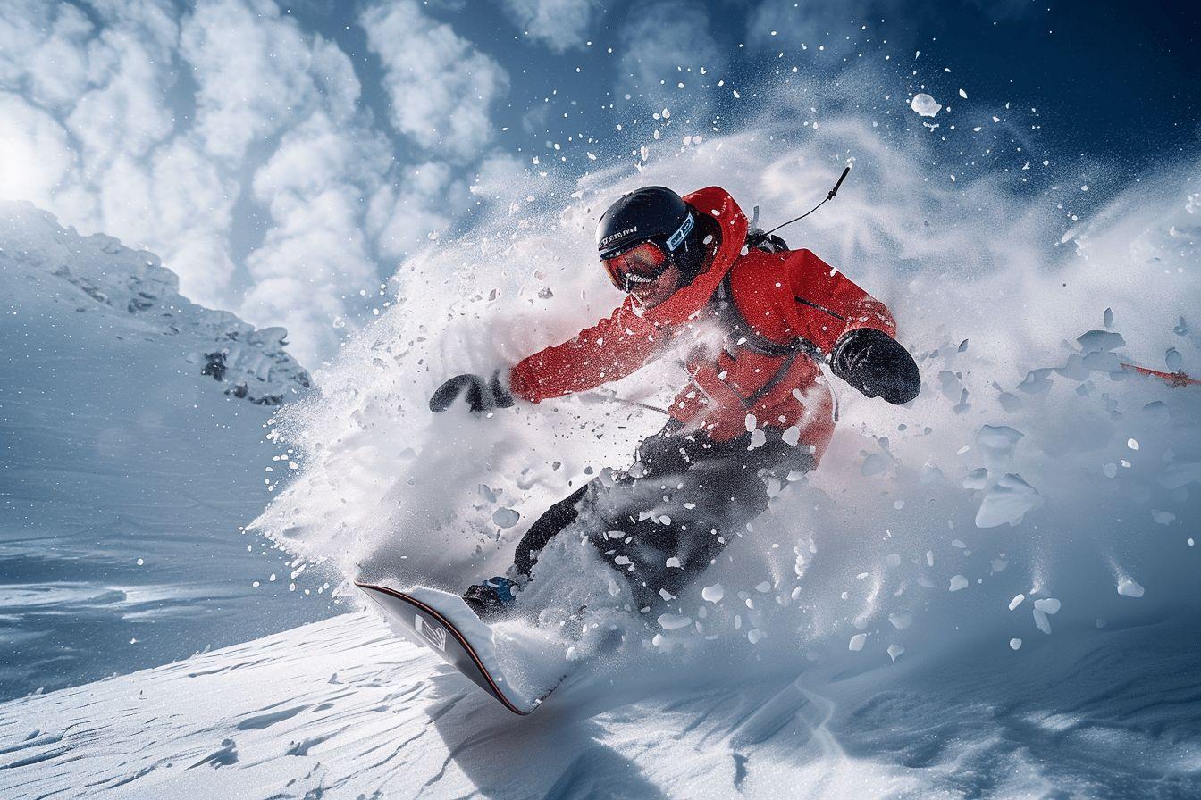Un skieur en rouge effectue une descente rapide dans la neige poudreuse