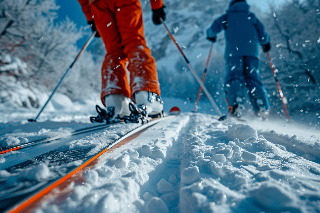 Deux skieurs traversent une piste enneigée dans une tempête de neige