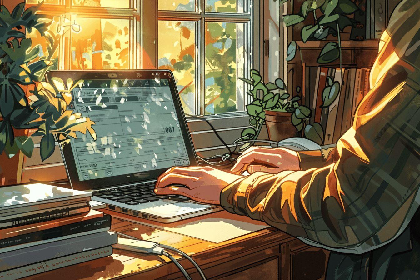 Une scène d'un bureau d'automne, avec un ordinateur portable, des plantes et des rayons de soleil.