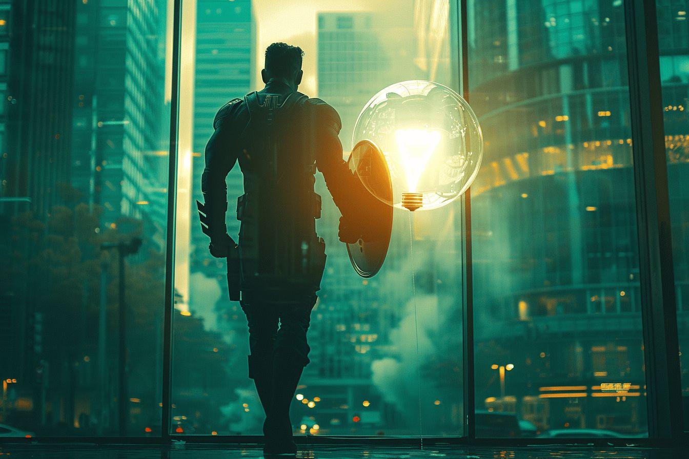 Silhouette d'une personne tenant une ampoule illuminée dans un paysage urbain futuriste