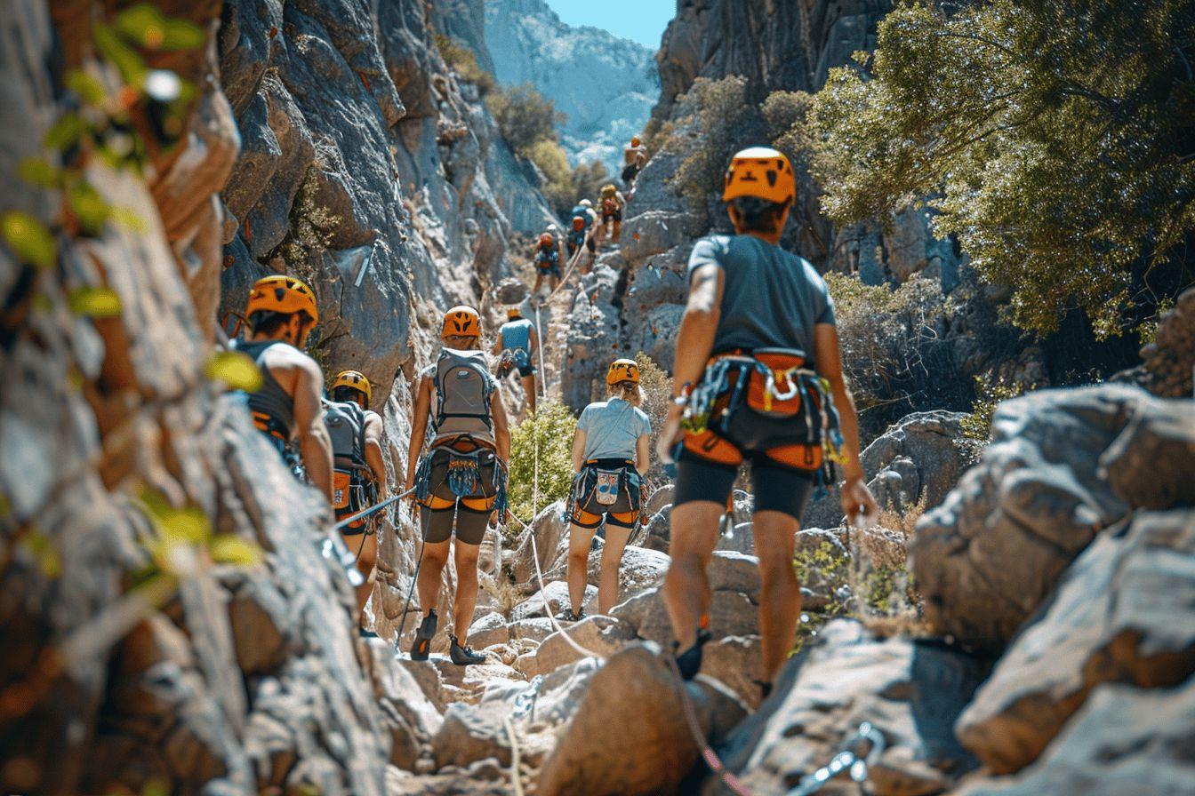Plusieurs alpinistes en équipement traversant une gorge rocheuse.