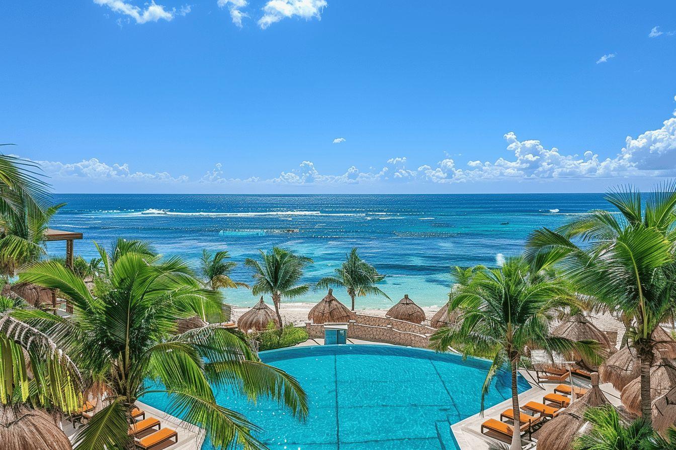 Vue sur piscine et océan avec palmiers et parasols