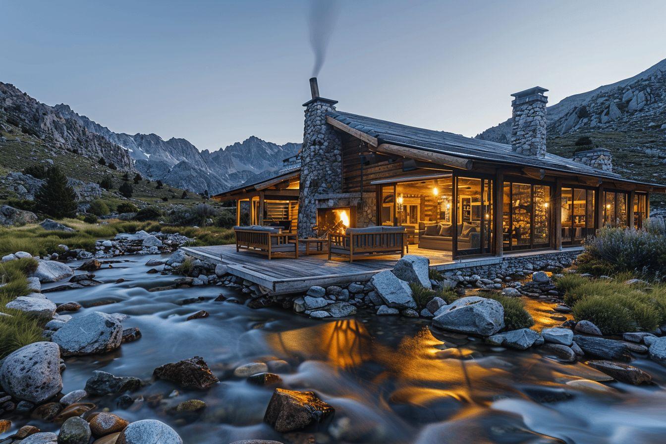 Cabane en bois illuminée près d'un ruisseau de montagne