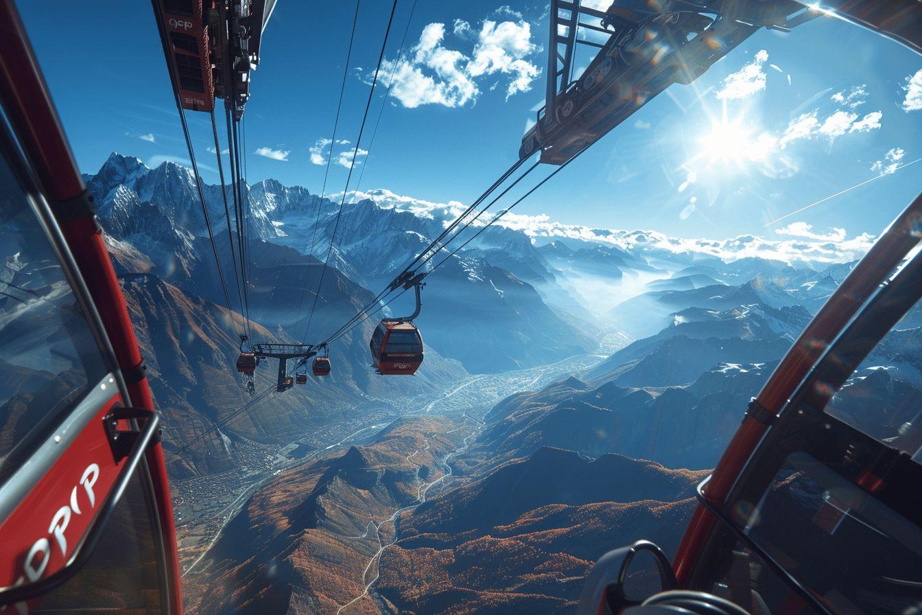 Cabines de téléphérique survolant une vallée montagneuse spectaculaire