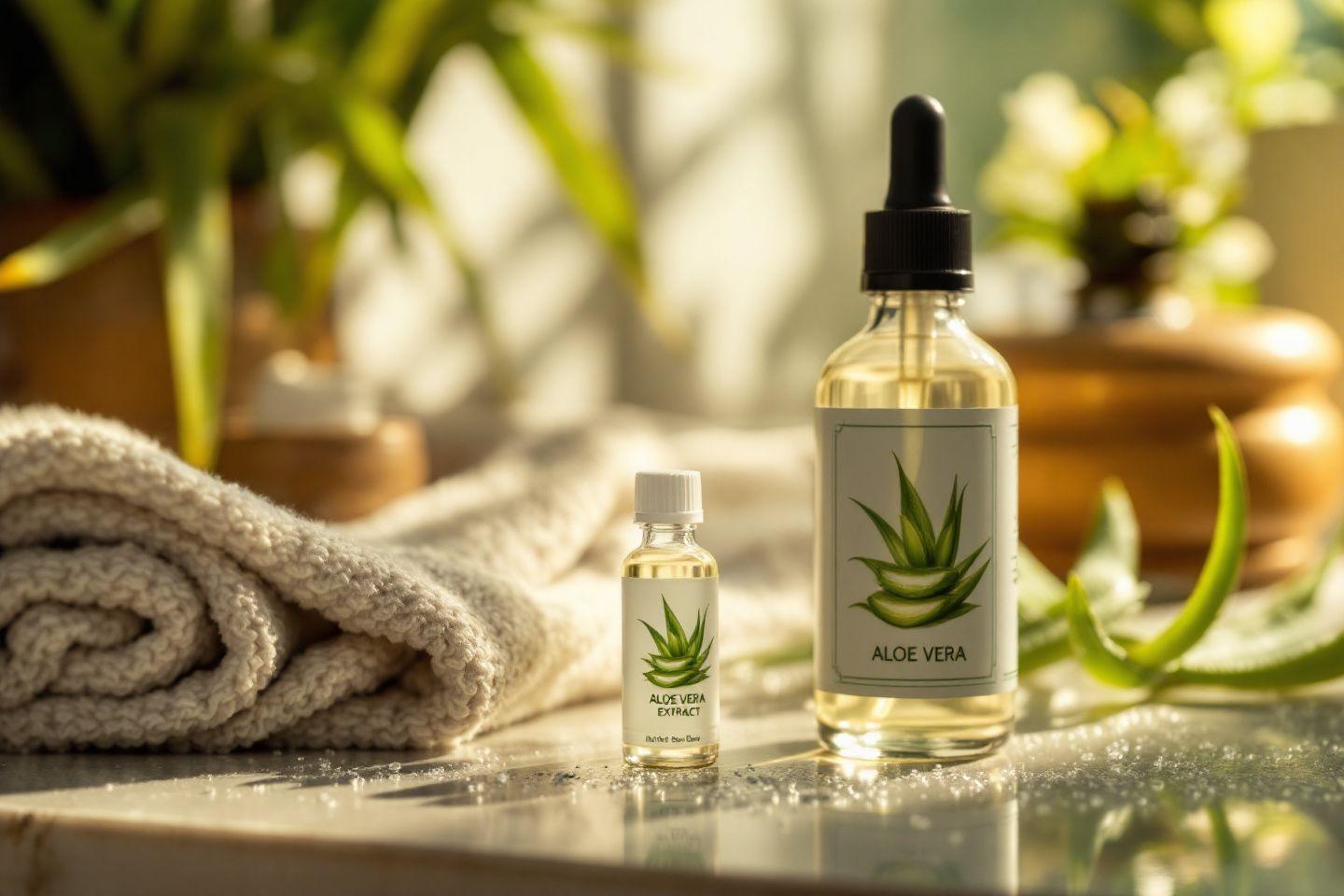 Produits cosmétiques à base d'Aloe Vera avec serviette et plante
