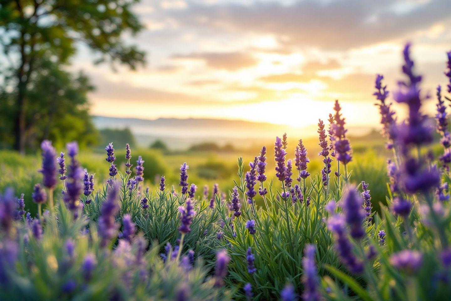 Fleurs violettes de lavande dans un champ verdoyant lumineux