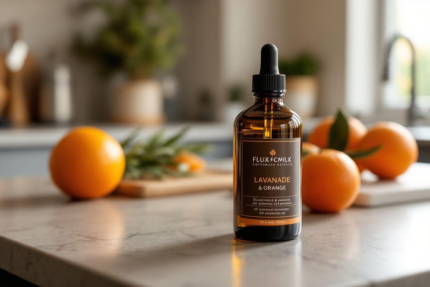 Bouteille ambrée d'huile Flux Family avec oranges sur comptoir