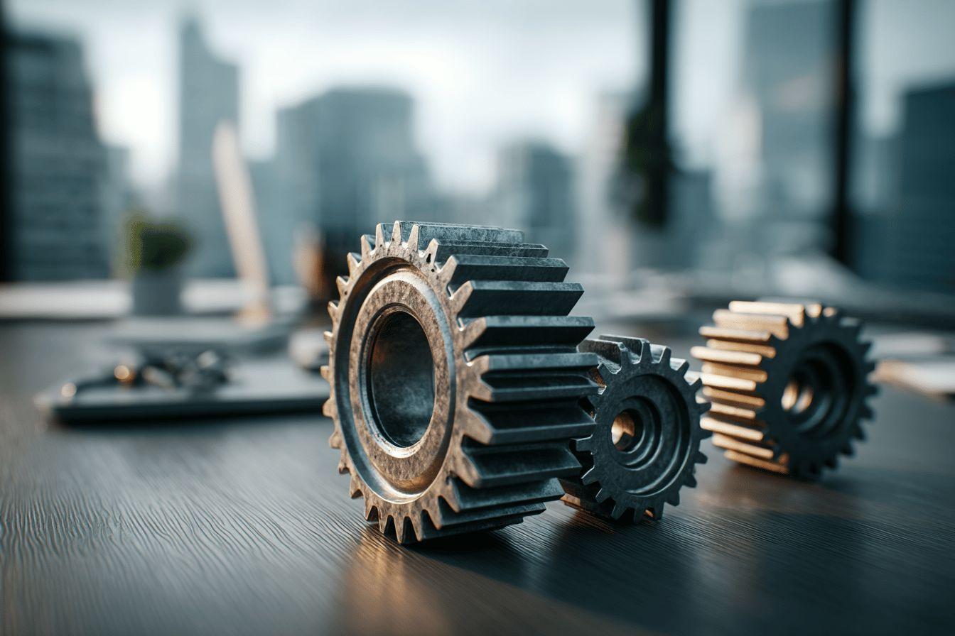 Plusieurs engrenages industriels disposés sur une surface réfléchissante