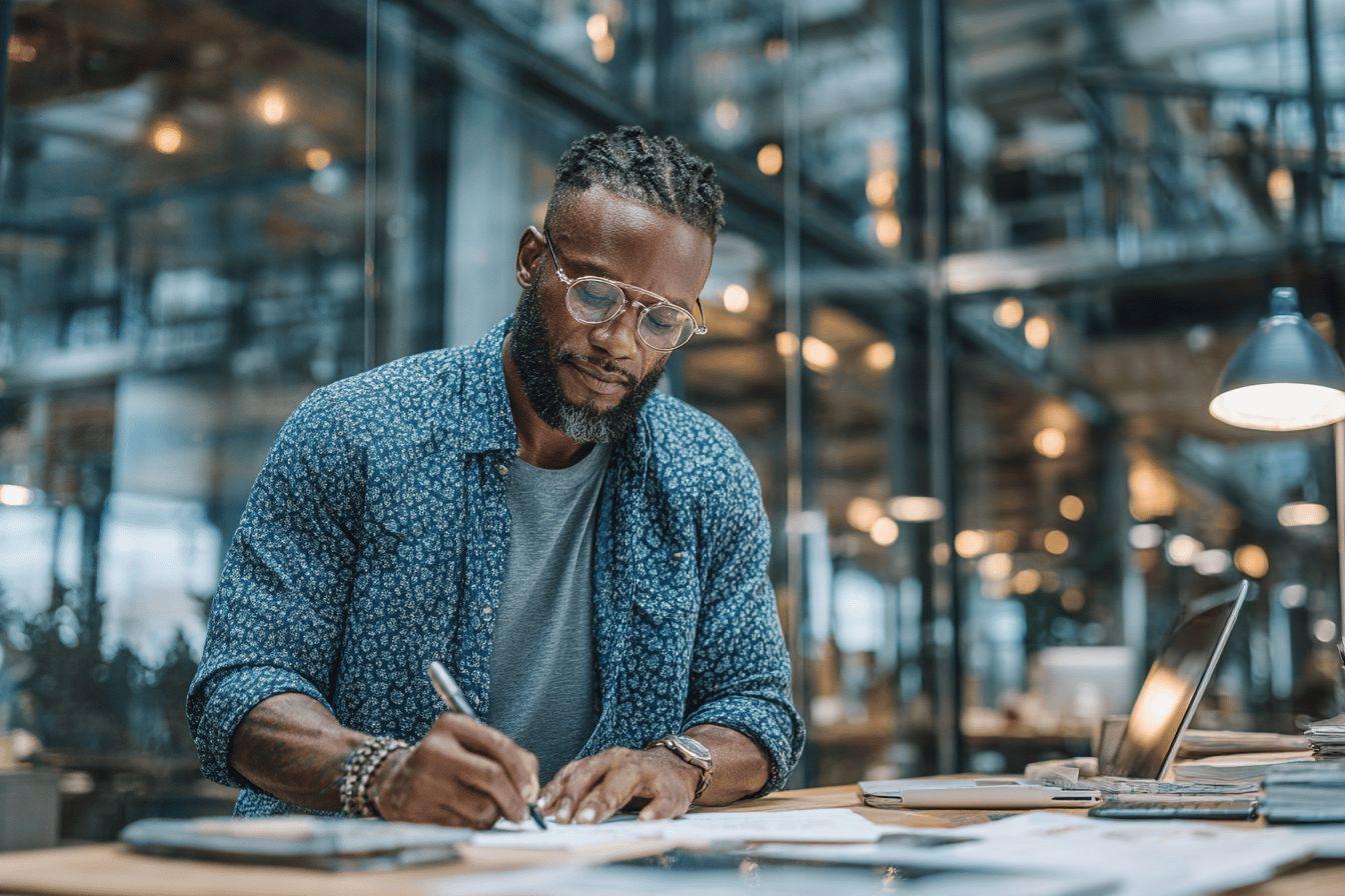 Homme travaillant concentré, écrivant dans un espace moderne