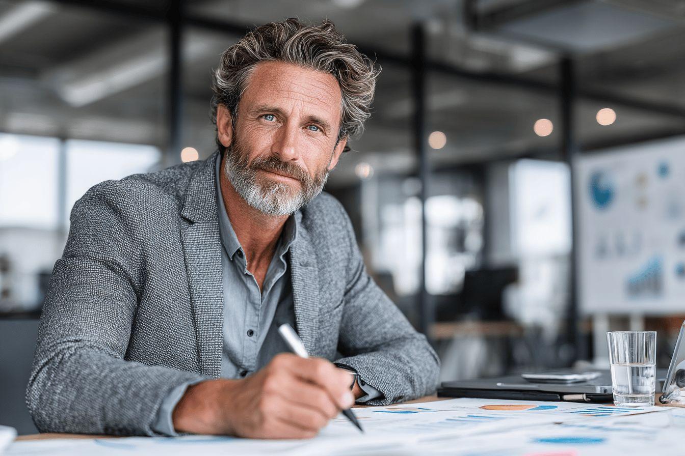 Cadre expérimenté analysant des documents dans un environnement professionnel