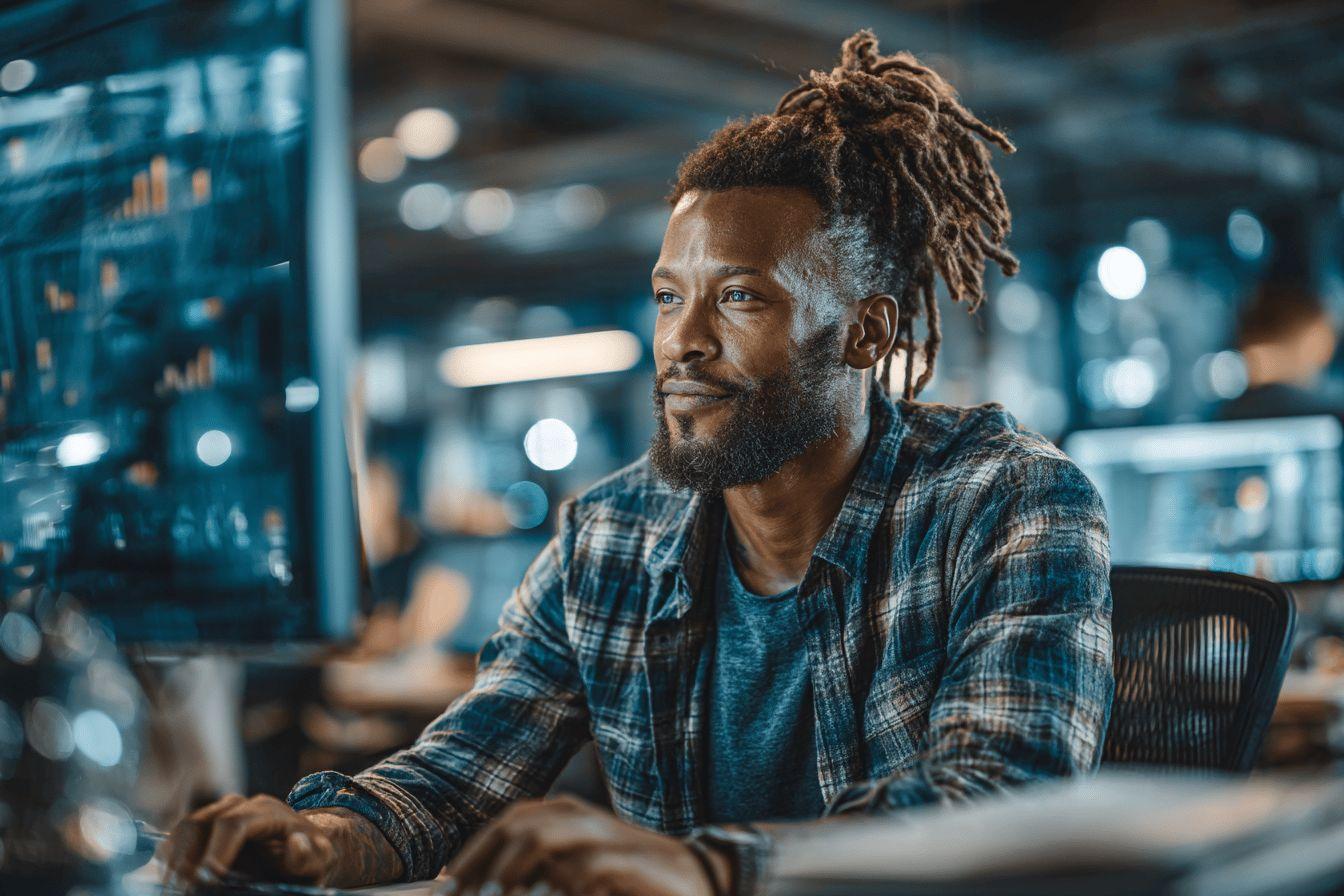 Homme à dreadlocks travaillant sur ordinateur dans un bureau moderne