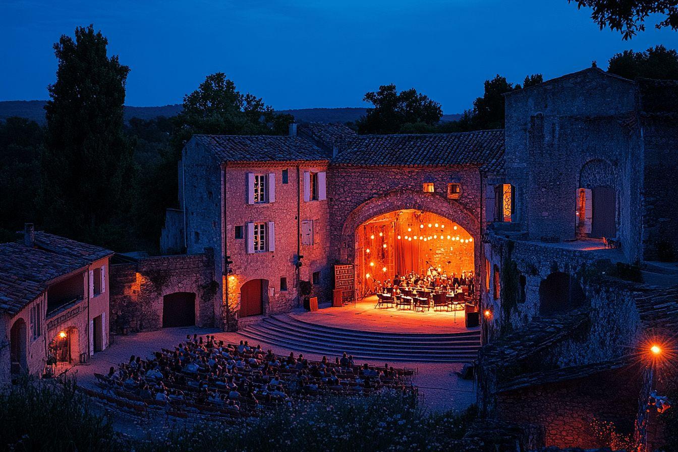 Scène de concert illuminée dans un village de pierre la nuit
