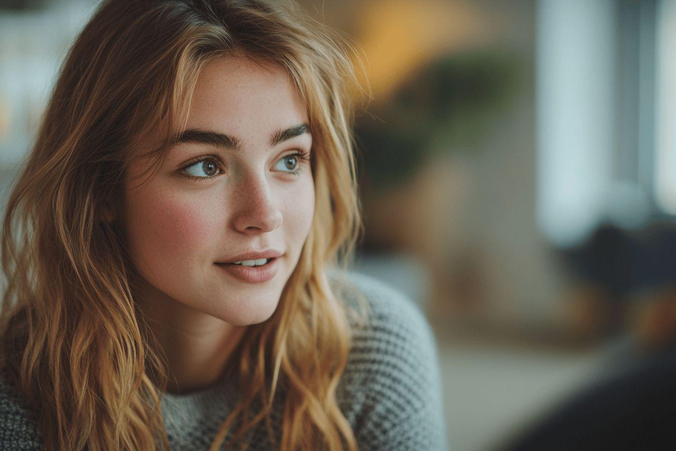 Portrait d'une jeune femme aux cheveux blonds, regard distrait