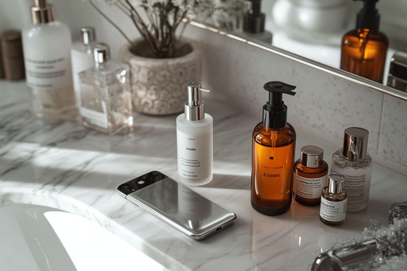 Bouteilles de cosmétiques et smartphone sur un comptoir en marbre