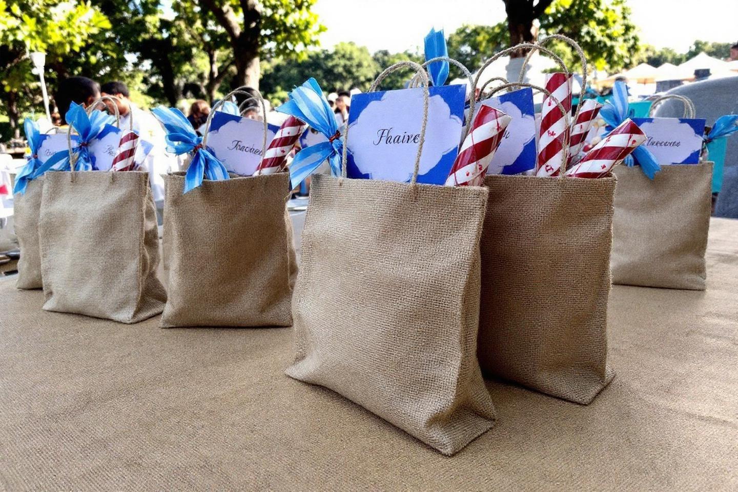 Sacs en toile de jute avec étiquettes et rubans bleus