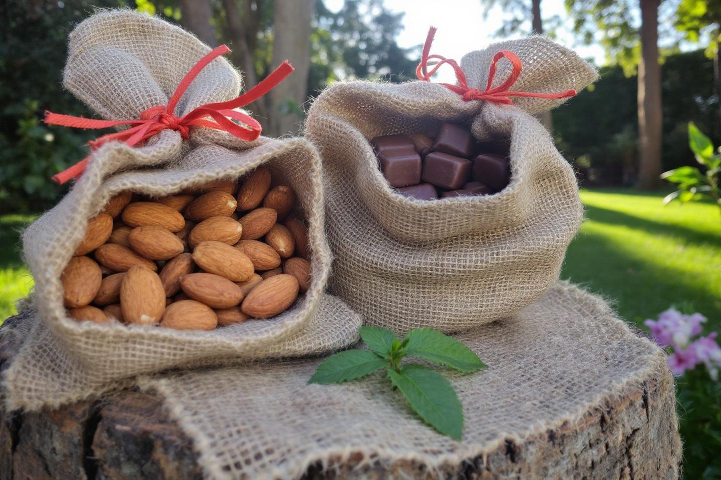 Deux sacs en toile de jute avec des amandes et des chocolats
