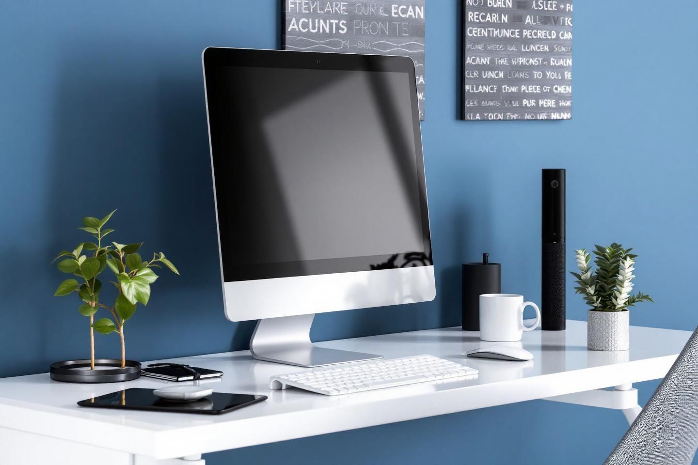 Ordinateur, plantes et accessoires sur un bureau blanc