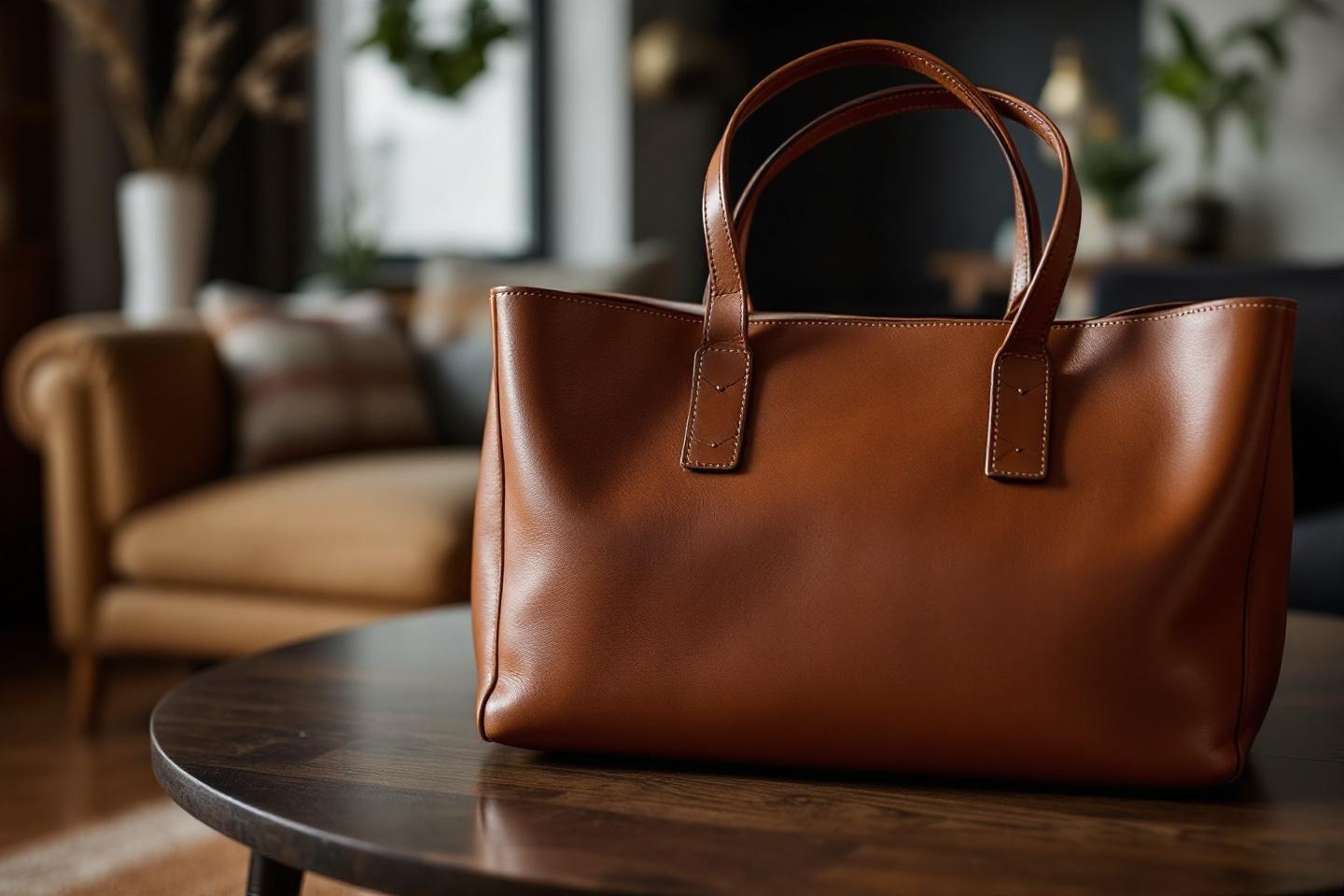 Sac à main en cuir brun posé sur une table en bois
