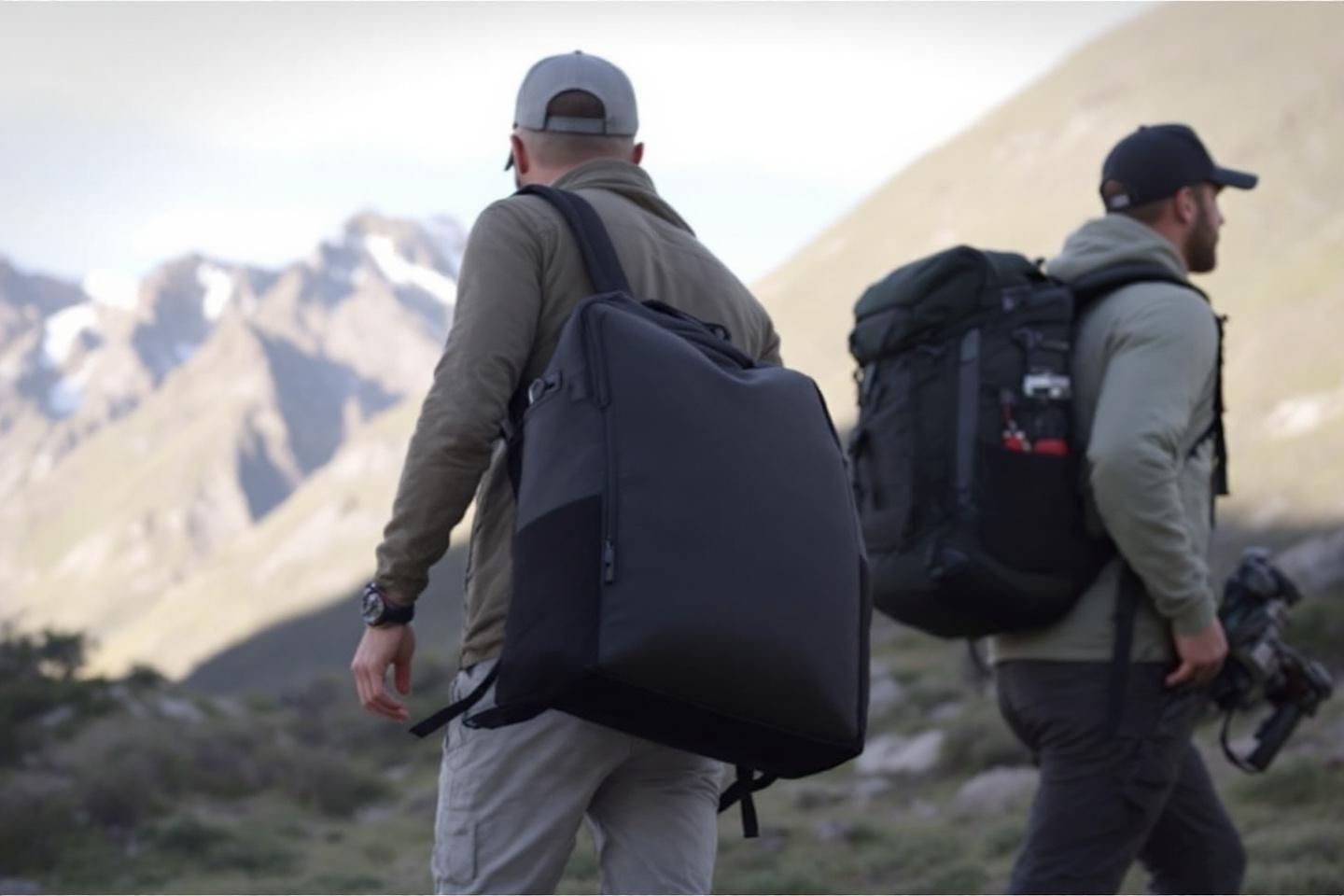 Deux randonneurs avec sacs à dos contemplant des sommets enneigés