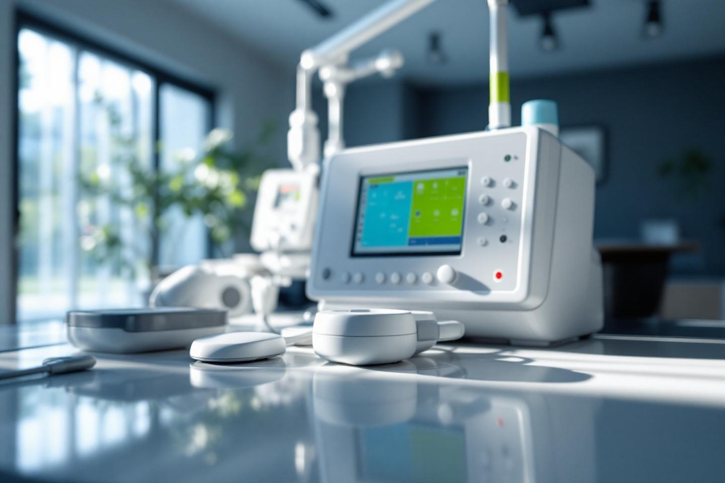 Appareil médical blanc avec écran et boutons sur surface réfléchissante