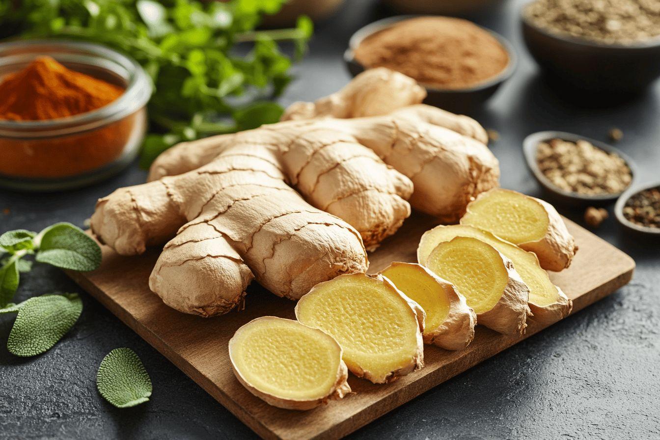 Gingembre frais coupé sur planche avec herbes et épices