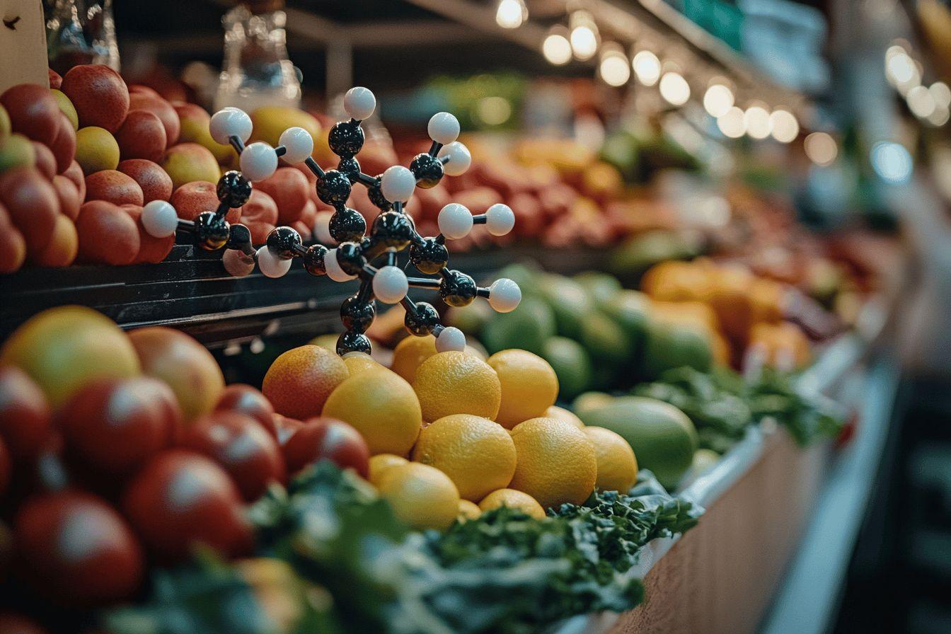 Structure moléculaire surplombant des citrons et légumes colorés
