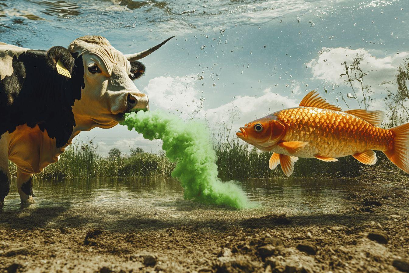 Une vache et un poisson face à face avec de la fumée verte