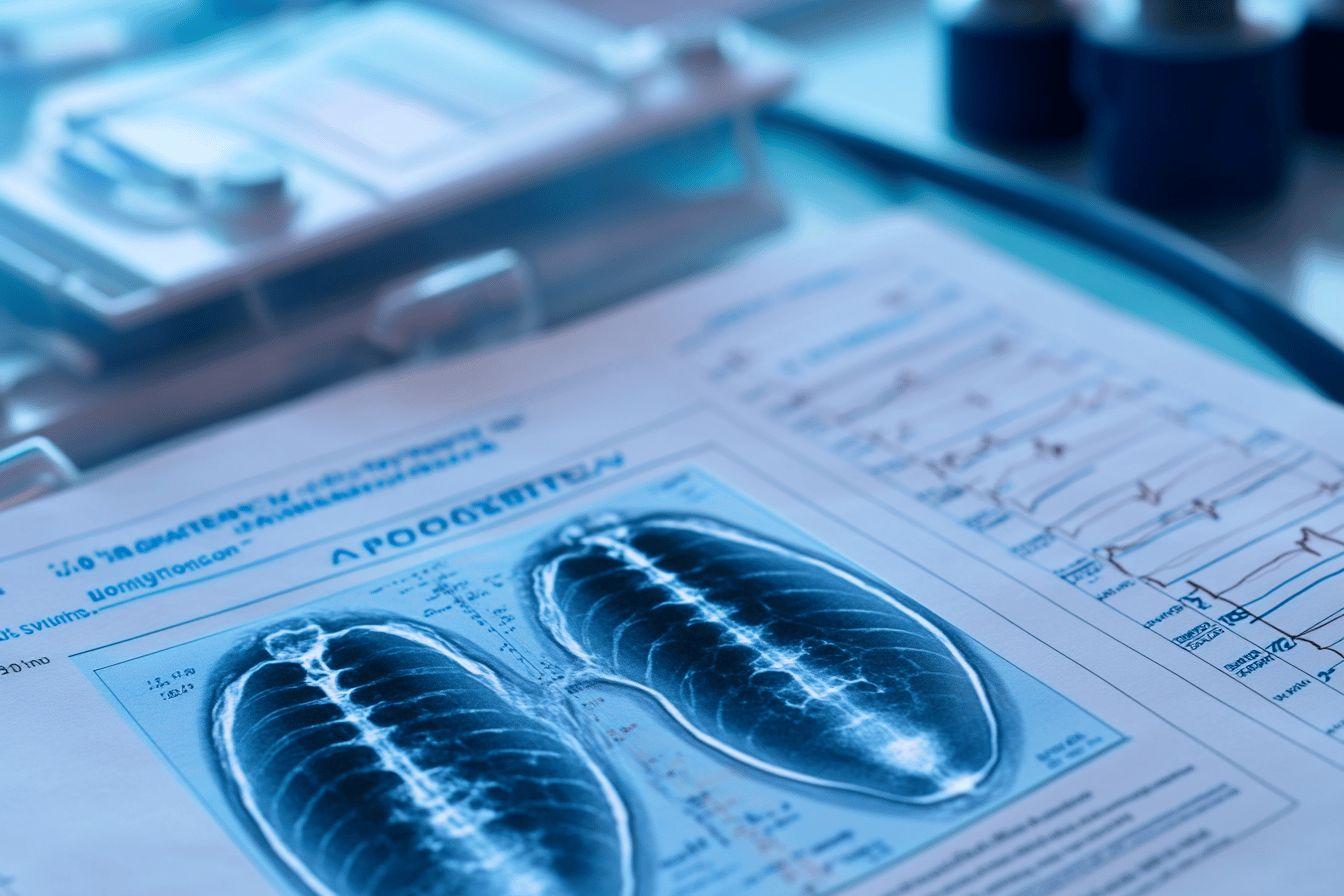 Cliché radiologique des poumons avec formulaires médicaux en bleu