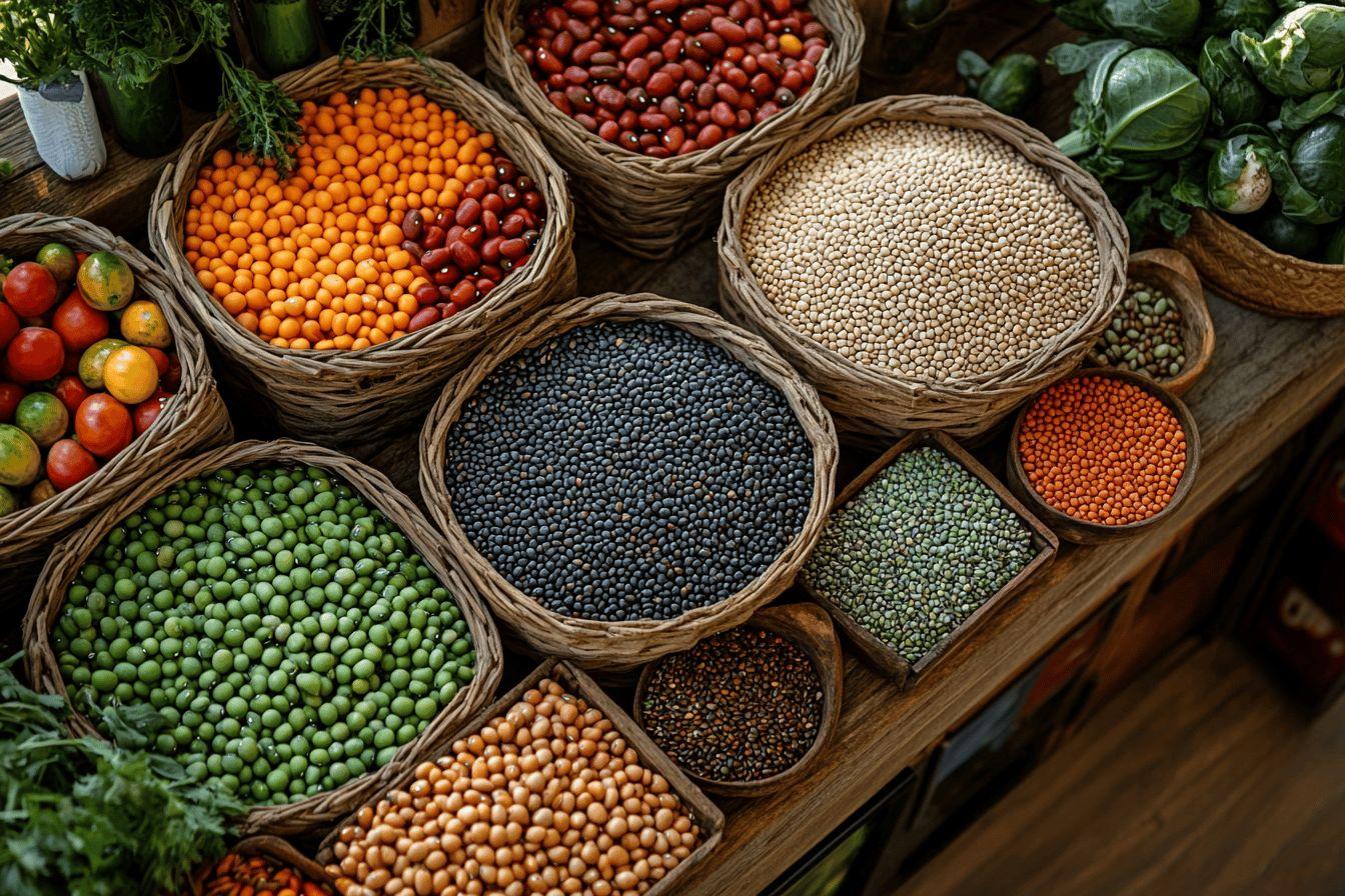 Paniers en osier remplis de légumineuses colorées