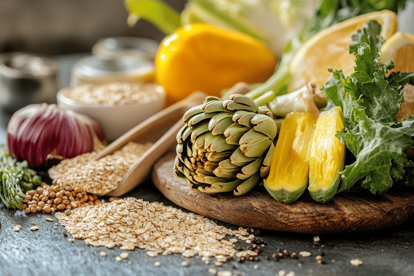 Artichaut, citron, oignon et graines sur planche en bois