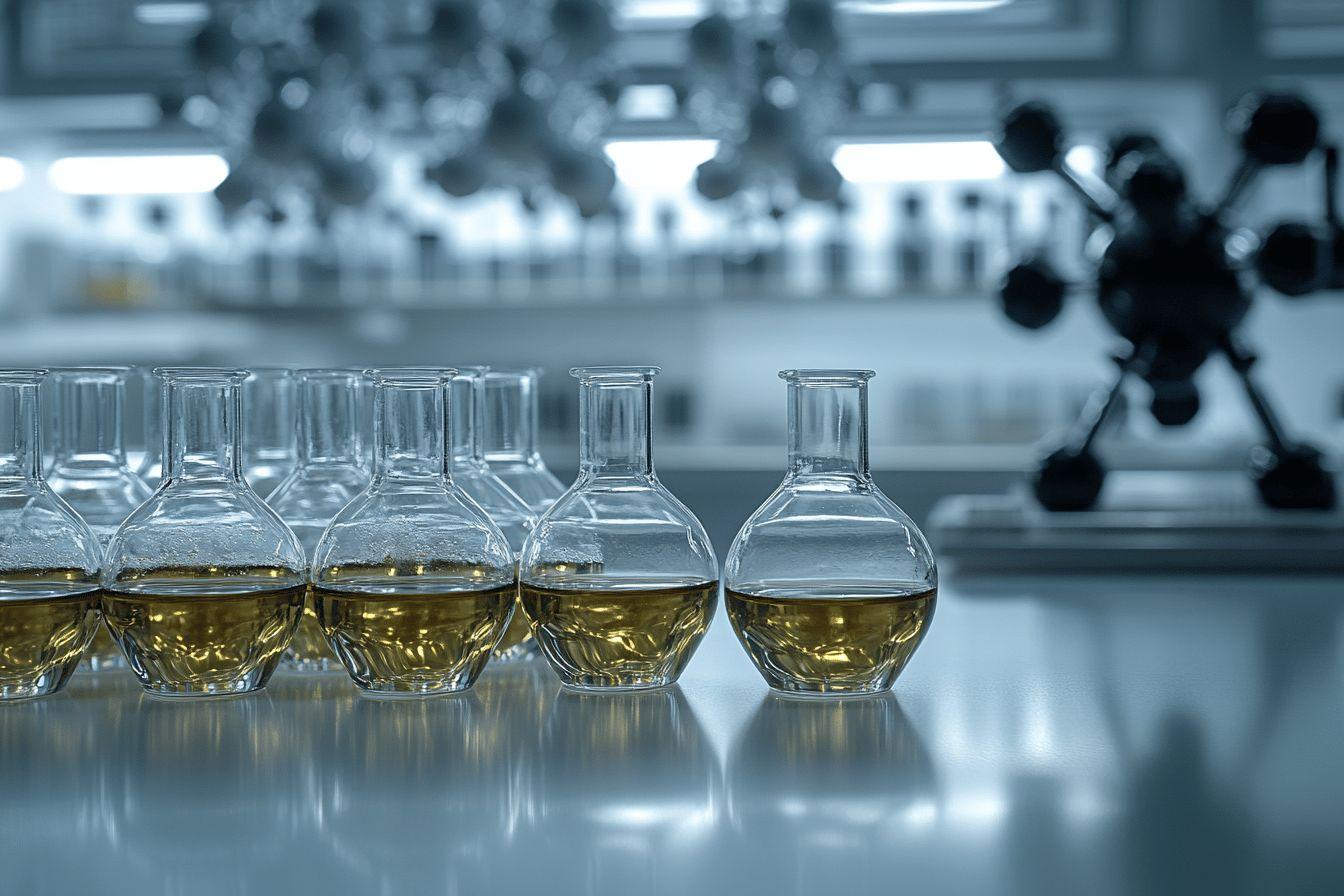 Rangée de fioles en verre remplies d'un liquide jaune-vert