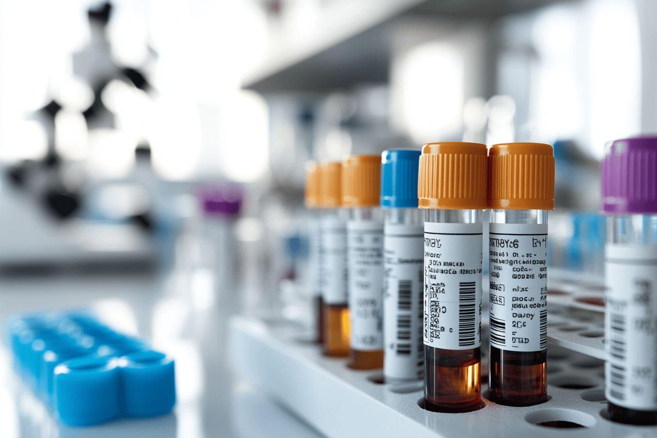 Tubes à essai de laboratoire avec bouchons colorés sur étagère