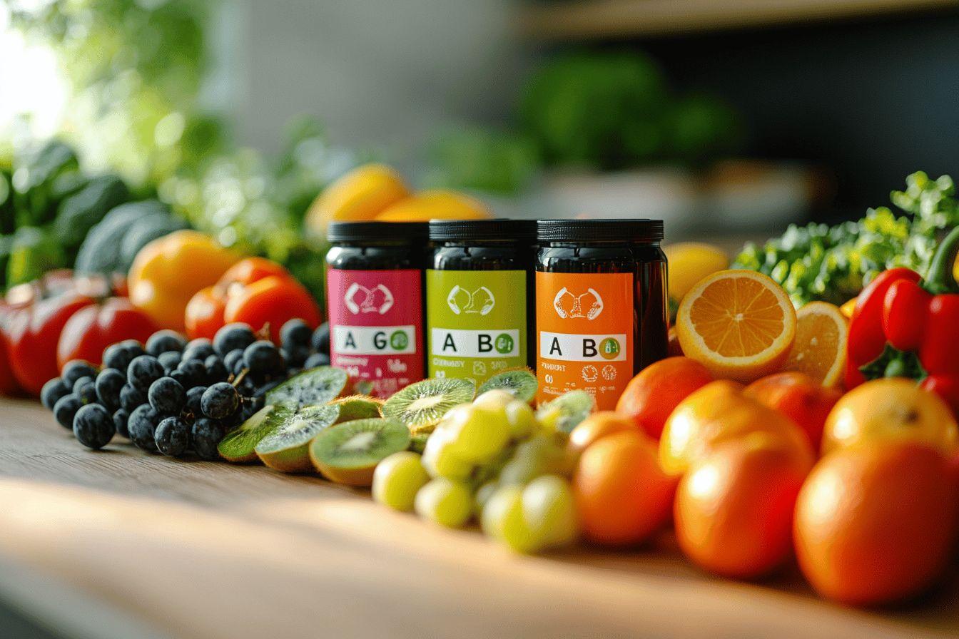 Fruits colorés et flacons de suppléments nutritionnels sur table en bois