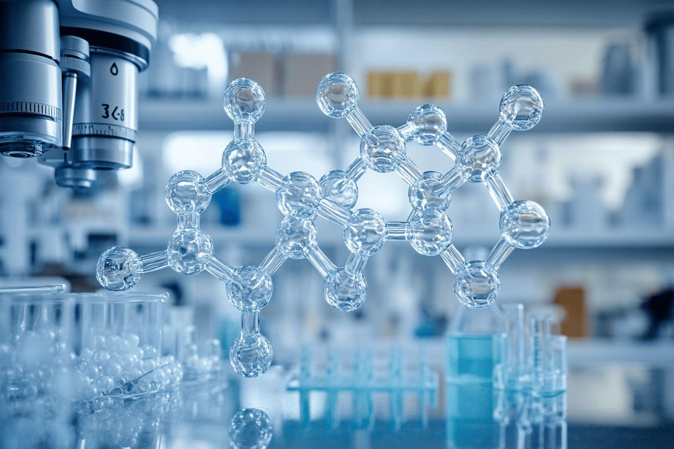 Structure moléculaire transparente dans un environnement scientifique bleu