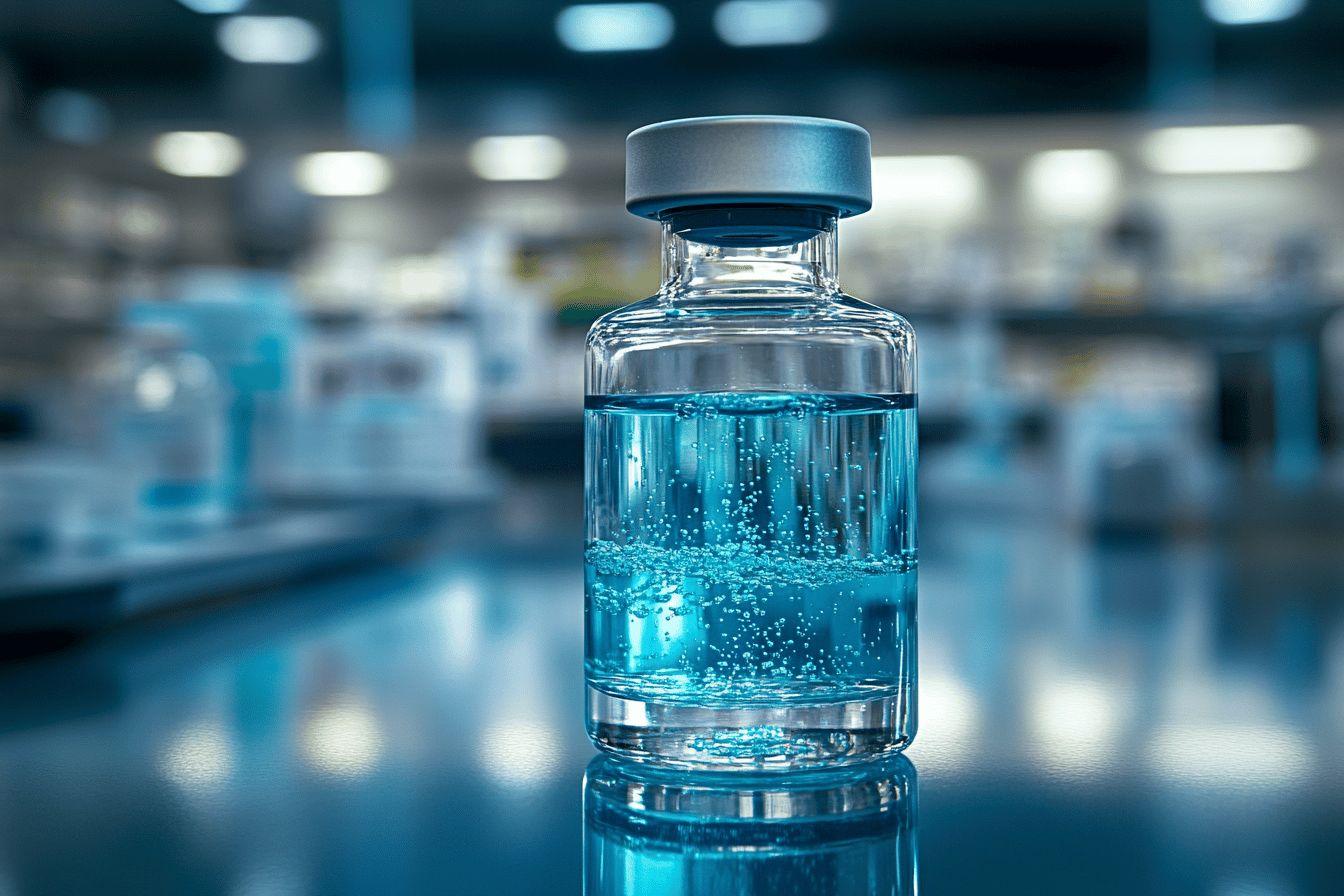 Bouteille en verre transparente remplie de liquide bleu effervescent