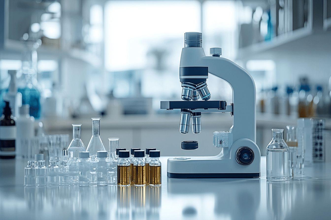 Équipement de recherche avec microscope et flacons de laboratoire