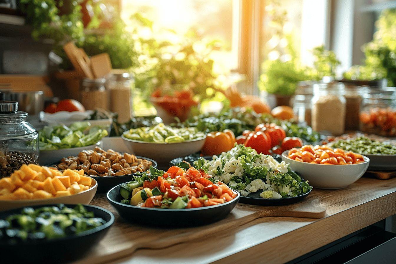Divers légumes frais et ingrédients sur un comptoir lumineux