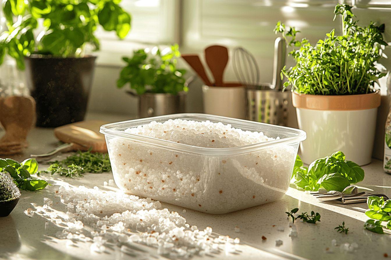 Récipient de sel blanc entouré de plantes aromatiques fraîches