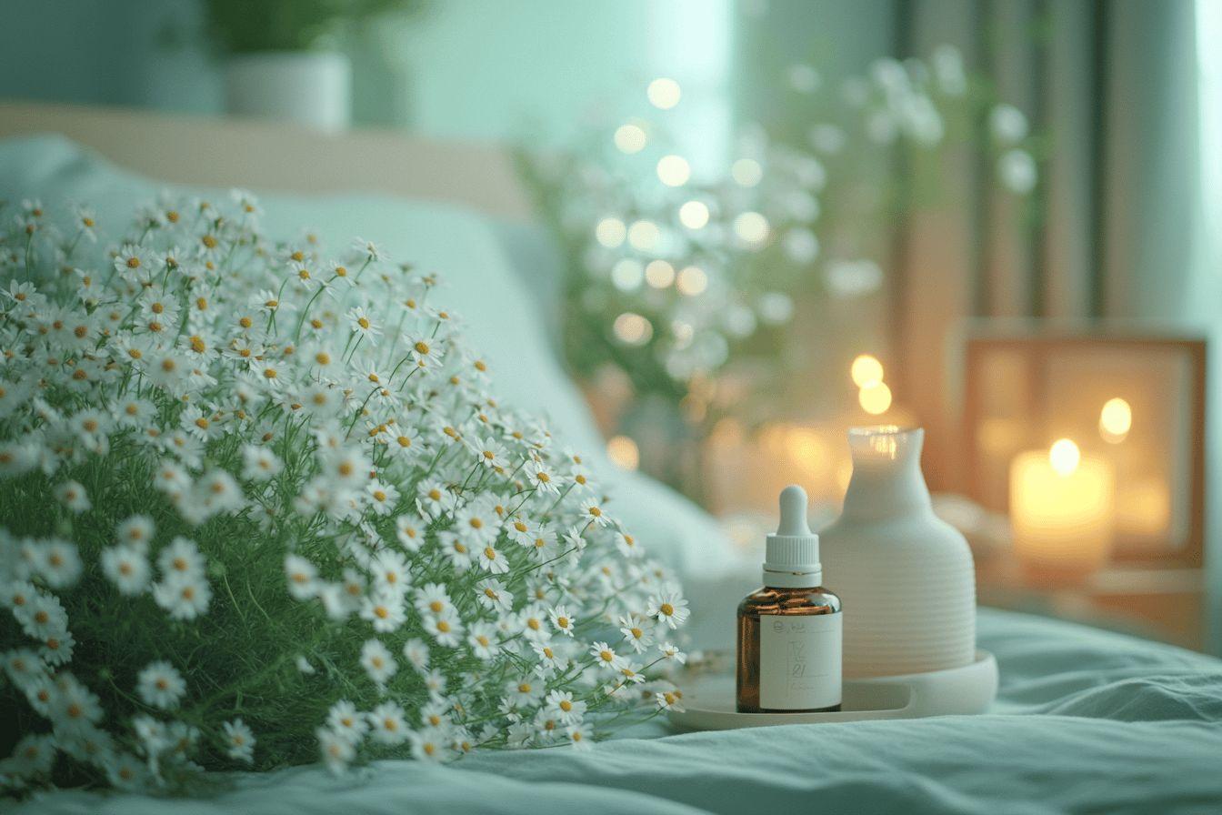 Bouquet de marguerites, flacon de parfum et bougies sur drap bleu
