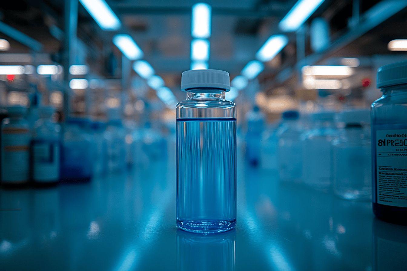 Flacon en verre bleu sur surface réfléchissante en laboratoire