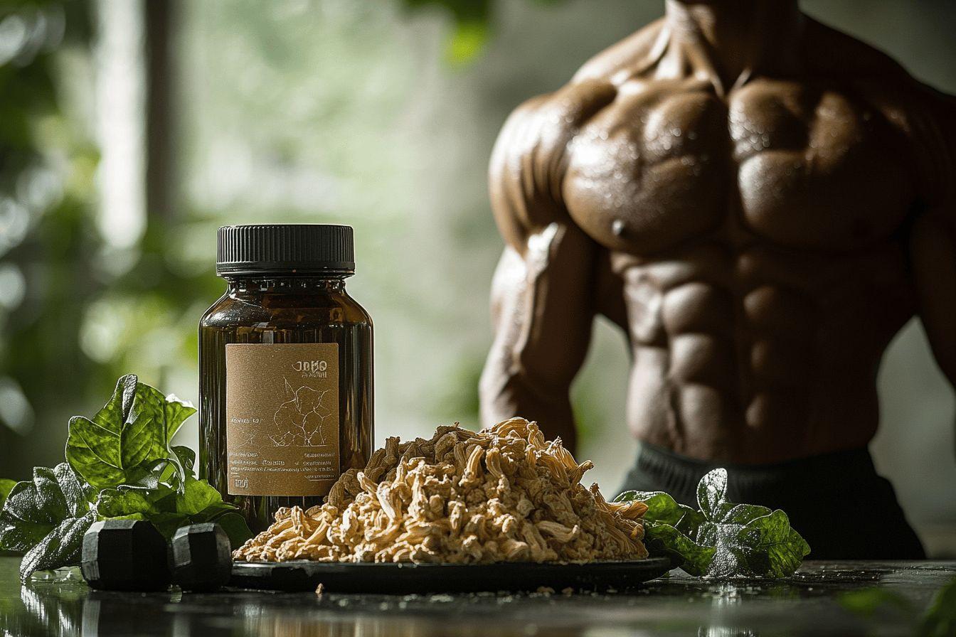 Bouteille de complément, noix, haltères et corps musclé