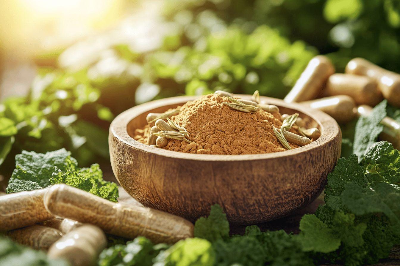 Bol de poudre brune avec capsules et feuilles vertes