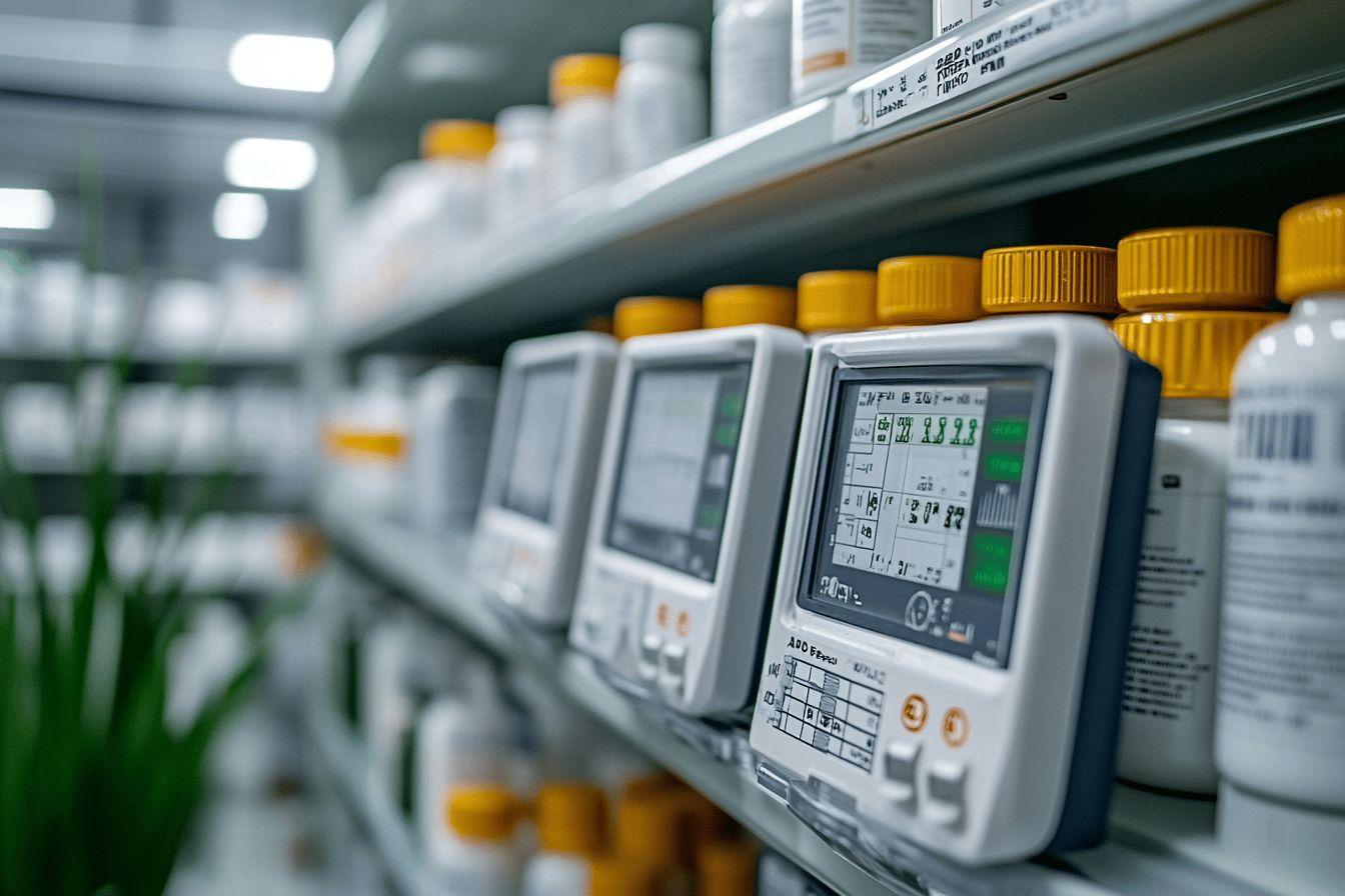 Écrans blancs et flacons jaunes sur des étagères de laboratoire