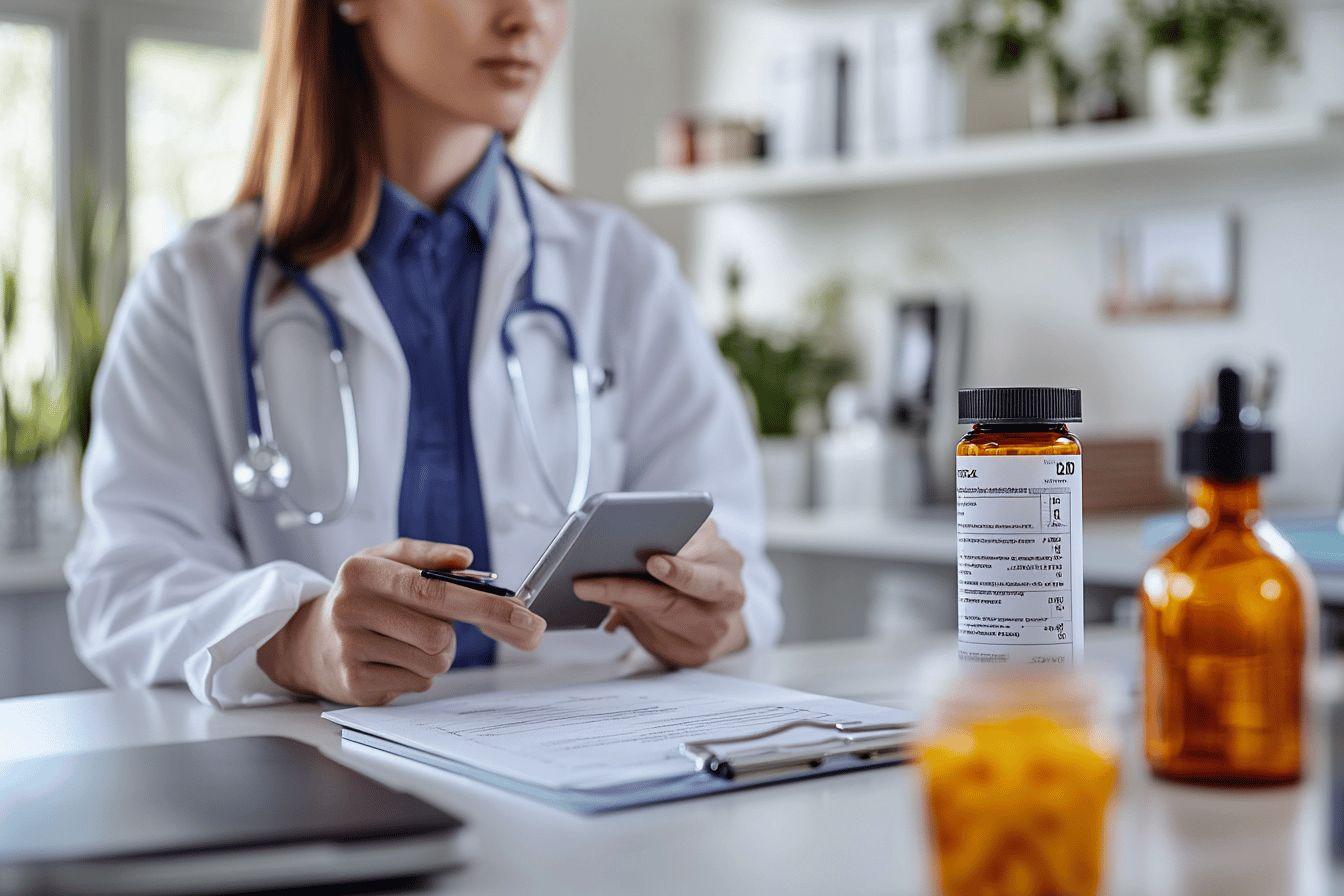 Professionnel de santé avec stéthoscope utilisant un smartphone près de médicaments